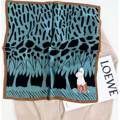 100% Pure Silk Scarves Women Small Square Neck Scarf Cartoon Print Crepe Satin Plain Scarf Handkerchief Bandana 52*52 cm