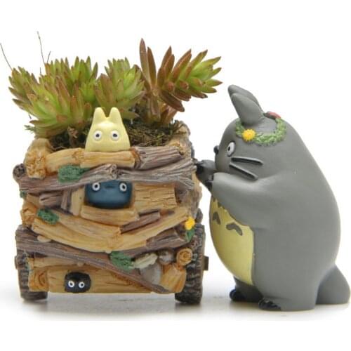 2PCS/Lots Creative Cartoon Cart Totoros Succulent Flower Pot Resin Japanese Miniature Anime Figurines Ornaments Desktop Decor