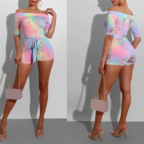 2020 New Women Sexy Jumpsuit With Sashes One Off Shoulder Short Sleeve Tie-Dyed Printed Slim Romper Bandage Playsuits Clubwear