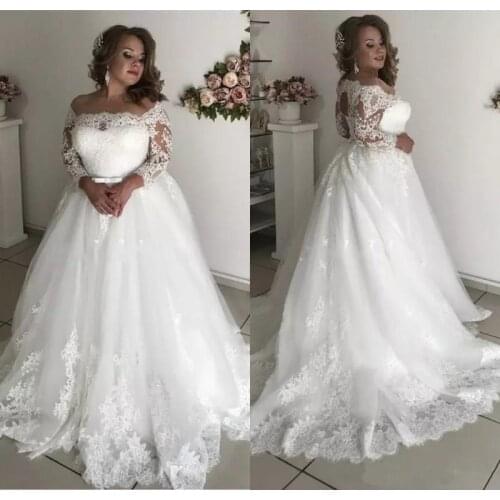 2021 Plus Size Bridal Gowns Wedding Dresses Sheer Neck 3/4 Long Sleeve Lace Appliques Illusion Hollow Back Garden Country robe d