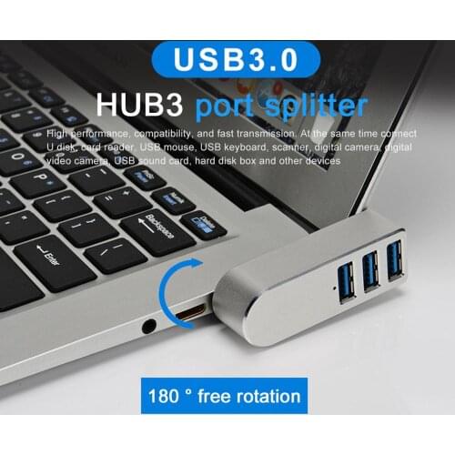 3 Ports USB Hub High Speed Aluminum Alloy Rotatable Splitter Plug and Play Bus Powered
