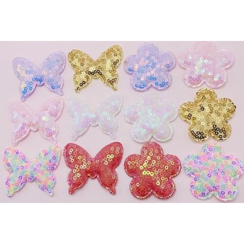 30Pcs/LOT Sequin Fabric Butterfly And Flower Padded Appliques For DIY Handmade Children Hair Clip Accessories Patches