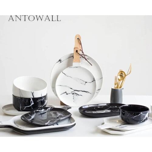 ANTOWALL Marbled Ceramic Dinnerware Cake Steak Plate Western Food Snack Bread Dessert Tray Rice Bowl Noodle Bowl