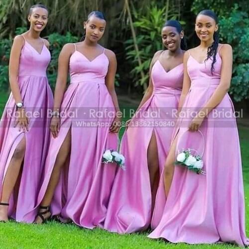 Lavender Satin A Line Bridesmaid Dresses 2021 African Women Long Side Split Spaghetti Strap Wedding Party Dress Vestido De Mujer