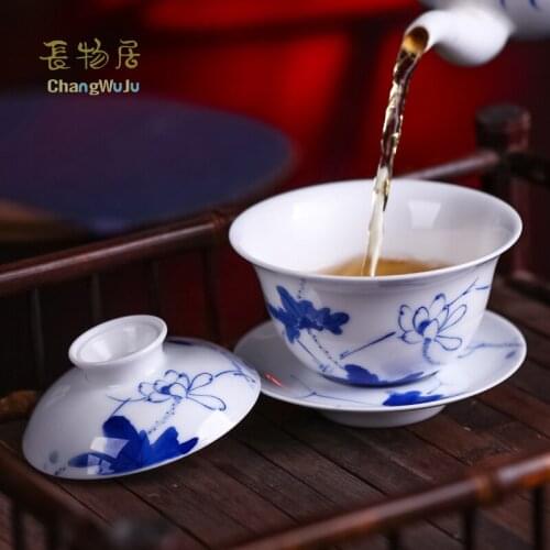 Changwuju Jingdezhen Cups & Saucers KungFu tea set handmade Bowl with cover Big size blue and white porcelain Chinese tea cup