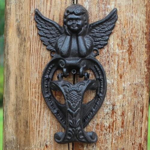 Vintage Angel Cast Iron Door Knocking Handle European Antique Black Home Garden Wall Decor Fairy Figurines Metal Door Handles