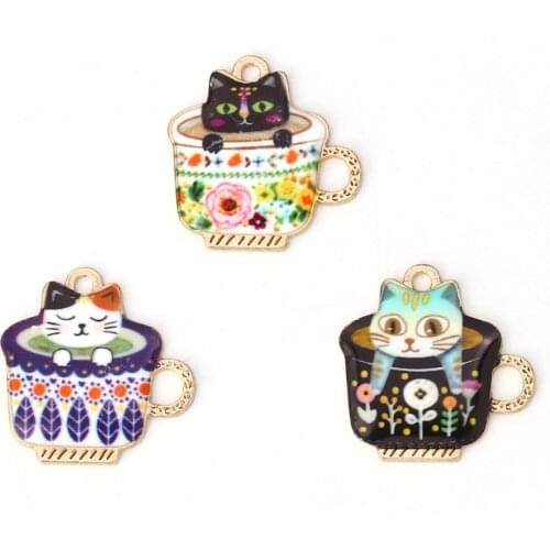 Doreen Box Zinc Based Alloy Charms Cup Gold Metal Cute Animals Black Cat Enamel Pendants Gifts 23mm( 7/8") x 23mm( 7/8"), 10 PCs