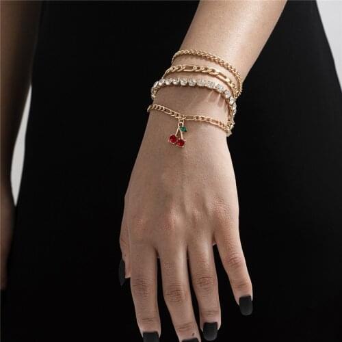 HI MAN 4Pcs/Set French Mixed Micro-Inlaid Zircon Cherry Bracelet Women Noble Elegant Anniversary Party Jewelry