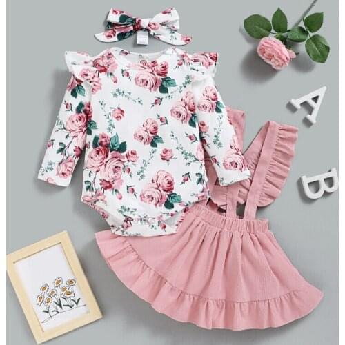 0-3T Baby Spring Autumn Clothing Girls Clothes White Floral Printed Long Sleeve Romper Pink Suspender Skirt and Headband Set