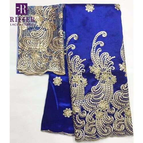 Royal Blue George Lace Fabric With 2 Yards Net Lace Gold Sequined Embroidered Guipure Silk Laces For Indian Women Evening Fabric