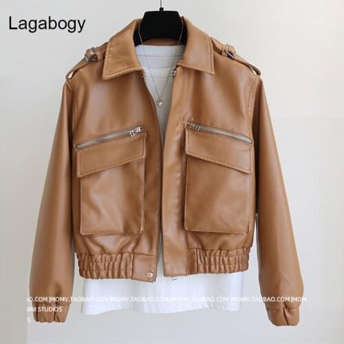 Lagabogy New Autumn Brown Short Faux Leather Coat Women Spring Long Sleeve Biker Jacket Female Zipper Causal Pocket Outwear