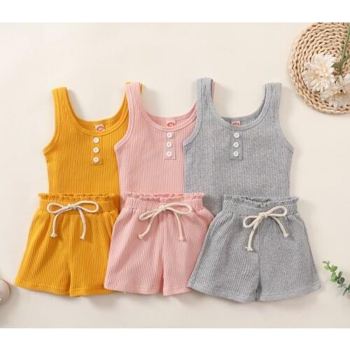 2Pcs Toddlers Summer Tracksuit Solid Color Ribbed O-Neck Vest + Elastic Waist Shorts for Little Girls 18 Months to 6 Years