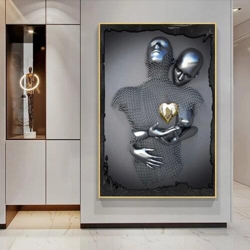 Metal Lovers Heart Art Sculpture Canvas Painting Romantic Statue Posters and Prints Wall Art Picture for Living Room Decoration