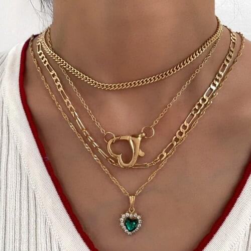 Trendy Shiny Crystal Love Heart Chain Necklaces For Women Girls Multi-layer Metal Heart Buckle Necklace Charm Jewelry Party Gift