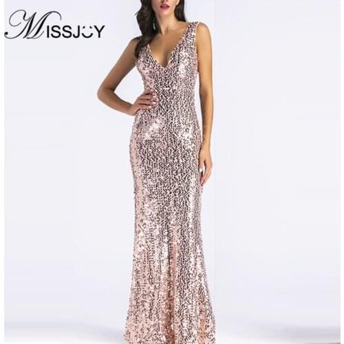 MISSJOY 2019 Fashion Sexy Bodycon Slim Solid Color Sequin Party Dresses Women Backless Sleeveless Evening Ladies Elegant Formal