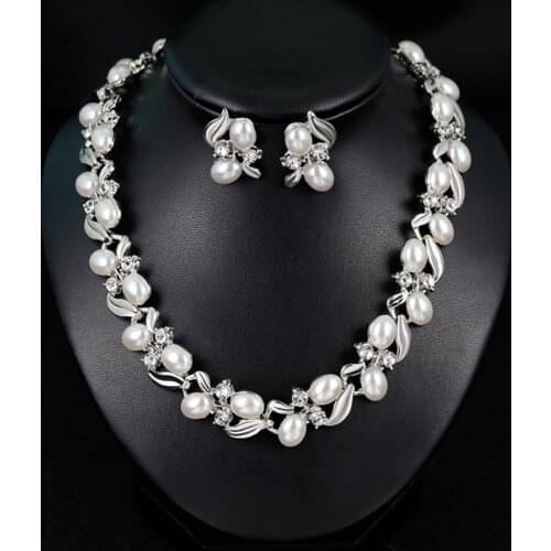 Fashion Rhinestone Faux Pearl Necklace Earrings Women Bride Wedding Jewelry Set New Chic