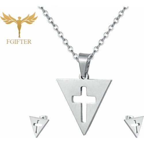 Religious Cross Ear Stud Necklace Fashionable Geometric Jewelry Set Mens Womens Necklace Stainless Steel Jewelry