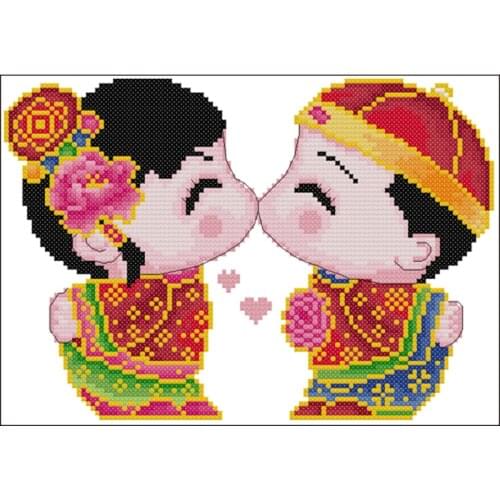 Happy Wedding In Kissing Children Counted Kit Stamped Cross Stitch Kit