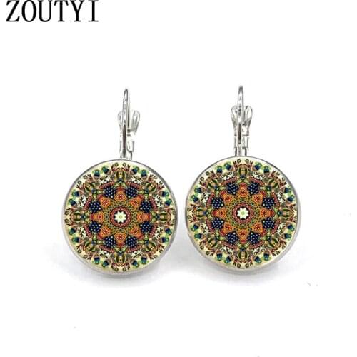 New / glamour fashion mandala Om symbol Buddhist flower photo glass earrings, convex and concave glass ladies earrings