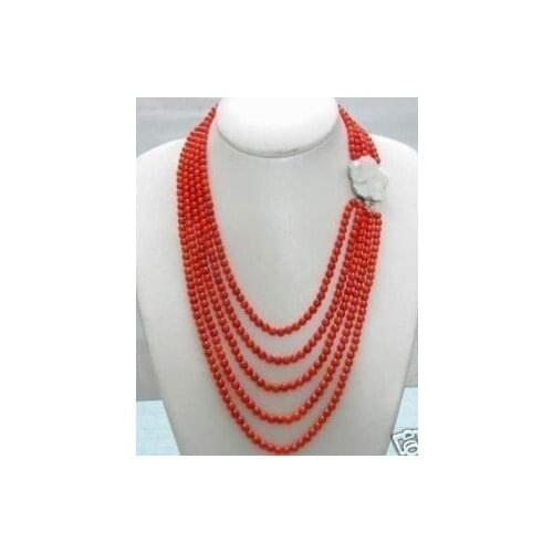 Charming 5row genuine red coral bead necklace+shell flower Fashion Free shipping