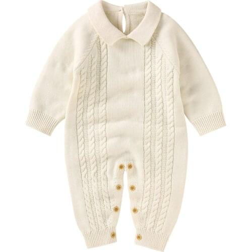 Clothes For Newborns Solid Color Turn-Down Neck Long Sleeves Knitted Rompers With Buttons Clothing For Boys Girls 3-24M Baby Set