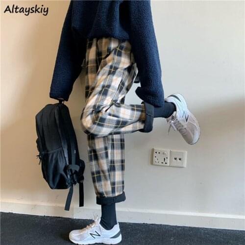 Autumn Pants Women Vintage Plaid Thicker Soft All-match Basic Trendy Harajuku Teens Trousers Popular BF College Girls Pantalones