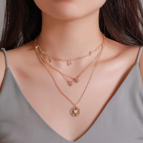 Multi layers Necklace star sun pendant acrylic plastic bead setting O metal chain gold color plated for women gift