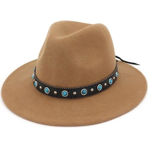 100% Wool Wide Flat Brim Jazz Fedora Hats with Leather Decorated Unisex Panama Felt Hat Trilby Cowboy Cap for Men Women