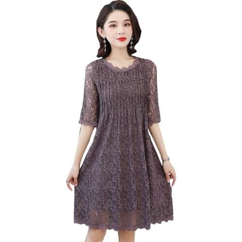 New Fashion Sexy Lace Women Summer Dress O-neck Half-sleeved Hollow out Solid color Plus size Thin Office Female Dresses OK707