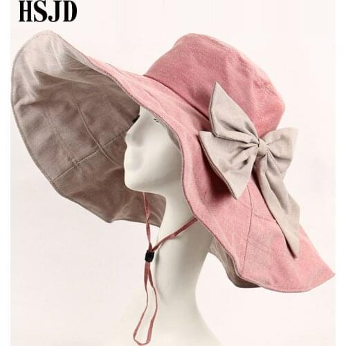 Large Wide Brim Bowknot Cotton Sun Hat Double-sided Foldable Beach Hats For Women Breathable Anti-UV Fashion Ladys Summer Caps