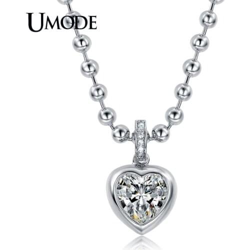 UMODE White Gold Color Beads Cubic Zirconia Heart Shaped Simulated Pendant Necklaces Jewelry For Women Bijoux AUN0226