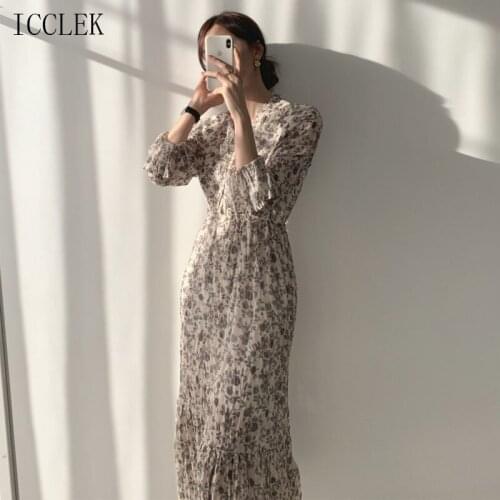 Spring Autumn2021 New Fashion WomenS Chiffon Dress Midi Dress Korean One-Piece V-Neck Flared Sleeves Elegant Sweet Casual Dress