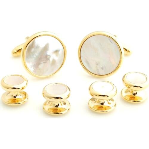 YHCS-01GL/MOP Fashion Luxury Gold Plating Round MOP Mens Tuxedo Cufflink and Studs Sets for Mens Shirt Accessories