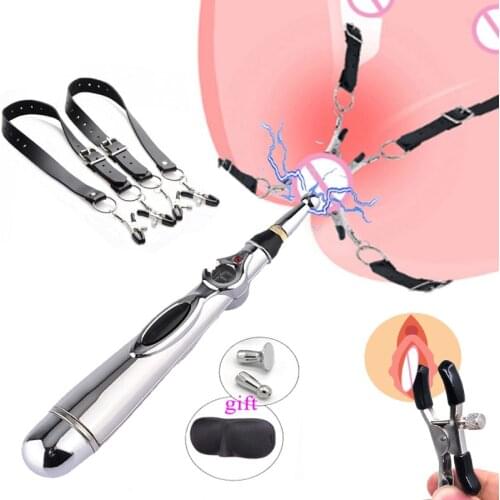 Electric Shock Vagina Pen Labia Clip Sex Nipple Clamp Clit Stimulator Vagina Speculum Thigh Bondage System,SM Sex Toys For Women