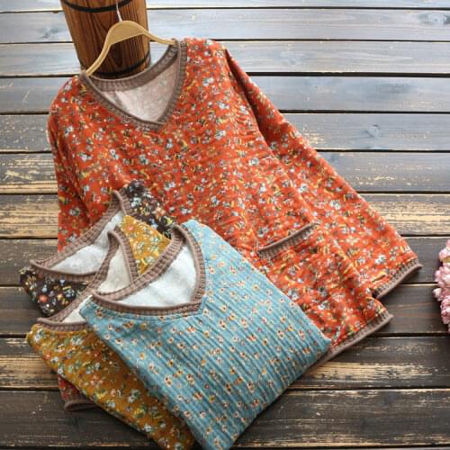 7501 New Spring Women Blouse Literary Floral Print Cotton And Linen Pullover Casual Long Sleeve Loose V-Neck Tops