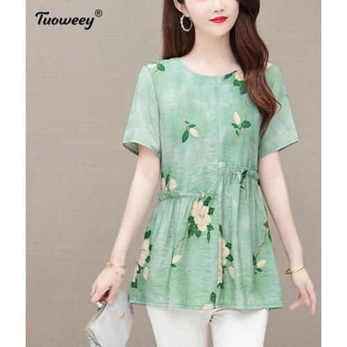 2021 Spring Summer style Vintage Print tunic Female Blouse Autumn Fashion Loose short Sleeve Shirts O Neck Women Tops