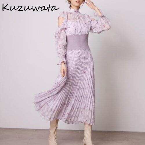 Kuzuwata Autumn New Vestidos Stand Collar Off Shoulder Flying Sleeves Threaded Slim Waist Pleated Print Dresses Sweet Women Robe