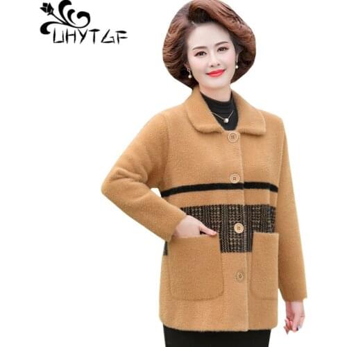 UHYTGF Womens autumn winter wool coat quality Mink fleece casual short jacket single-breasted loose 6XL plus size outerwear 1284