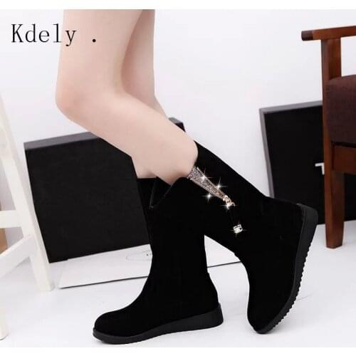 Winter Boots 2019 Women Boots Wedge Mid Calf Boots Women Shoes Black Fashion Mother Shoes Suede Boots Round Toe Ladies Shoes cry