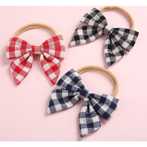12 PCS/lot, Plaid Sailor Bow Nylon Headband, Baby Fabric Bow On Nylon Headband Holiday Bow headband Baby shower gift