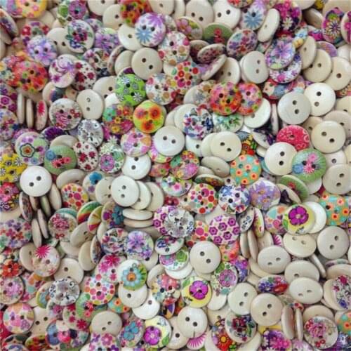300PCS New Flower Printed Round Wooden Button 2 Holes 15mm Mixed Wood Buttons Sewing Accessories for Clothing Decoration DIY