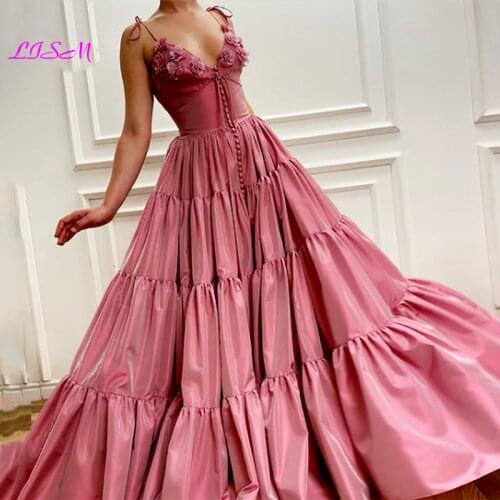 A-Line 3D Flowers Satin Long Evening Gowns Spaghetti Straps Pleats Prom Dress Deep V-Neck Formal Women Party Dresses