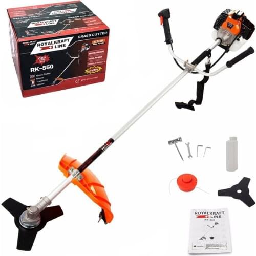 Brush Cutter gasoline 55cc Swiss Kraft 2 in 1 with hard powerful 3 tips, nylon head and harness with Divisible Bar Pot