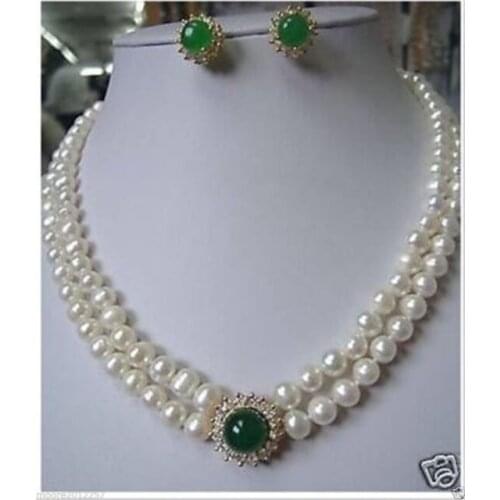 Noblest Authentic 8-9mm white Freshwater Pearl necklace green Jade earring set