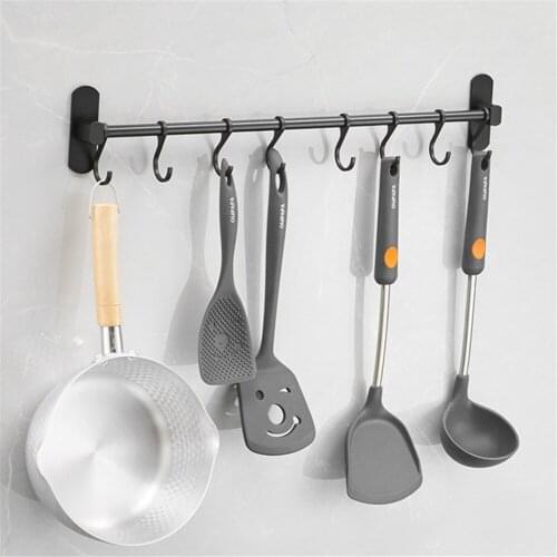 Black Kitchen Hook Punching Free Spatula Spoon Storage Rack Multifunctional Bathroom Row Hooks Door Back Handbag Keys Hanger