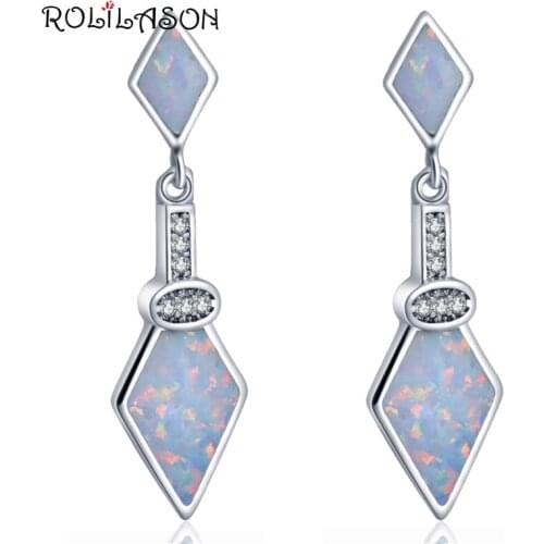 ROLILASON Royal earrings White Cubic Zirconia silver plated Stamped White Fire Opal Drop Earrings fashion Jewelry OE743