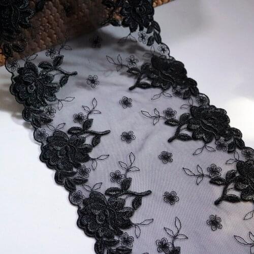 1Meter 17.5cm Wide Peony Flower Embroidered Lace Trim black Mesh Costume Decorative Lace Applique lingerie Trimmings Lace Fabric
