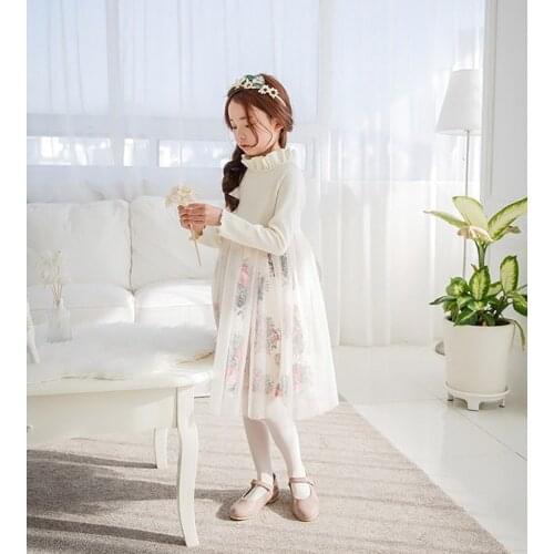 Lace Mesh Girls Dress Fall Winter Long Sleeve Floral Teenager Kids Outfit Quality Elegant Childrens Clothing