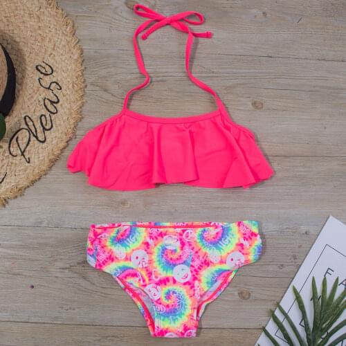 Falbala Girl Swimsuit Kids Halter Top Girl Bikini Set 7-14Years Two Piece Childrens Swimwear Print Girls Bathing Suit Beachwear