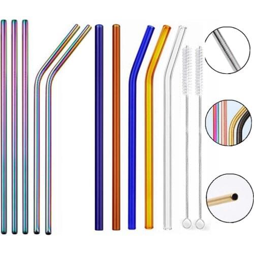 Reusable 304 Stainless Steel Straws Straight Bent Drinking Glass Straws Straw With Case Cleaning Brush Set Party Bar Accessory